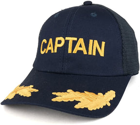 Armycrew Captain and Gold Leaves Embroidered Cotton Twill Mesh Back Baseball Cap