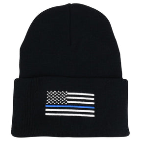 Armycrew Law Enforcement Support Thin Blue Flag Embroidered Cuff Beanie Hat