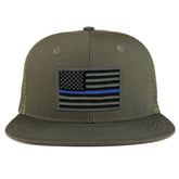 Thin Blue American Flag Iron on Patch Flat Bill Ripstop Trucker Mesh Cap
