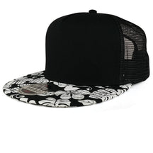 Armycrew Hawaiian Floral Printed Flat Bill Trucker Mesh Snapback Cap - Black