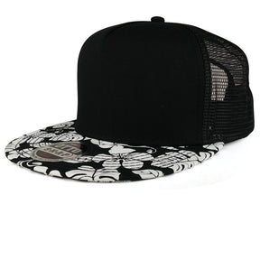 Armycrew Hawaiian Floral Printed Flat Bill Trucker Mesh Snapback Cap - Black