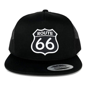 Armycrew Flexfit Route 66 Black White Patch 5 Panel Flatbill Mesh Snapback Cap - Black