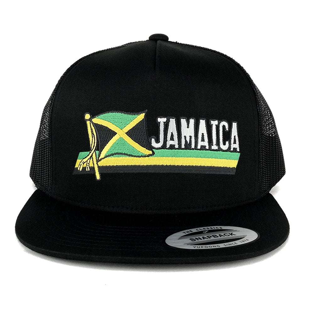 Flexfit 5 Panel Jamaica Flag and Text Embroidered Cutout Patch Snapback Mesh Cap