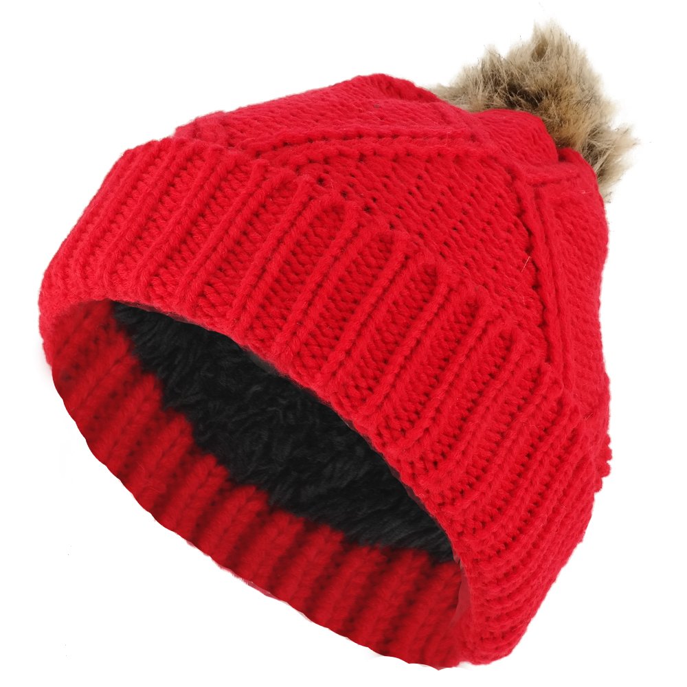 Diamond Pattern Pom Pom Cuffed Winter Knit Beanie Hat