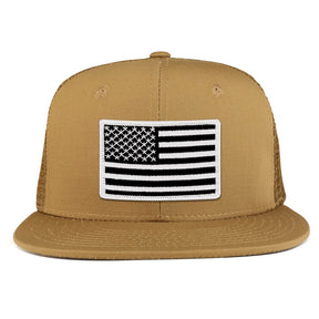 Black White American Flag Iron on Patch Flat Bill Ripstop Trucker Mesh Cap