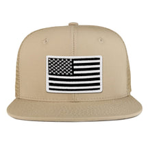 Black White American Flag Iron on Patch Flat Bill Ripstop Trucker Mesh Cap
