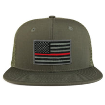 Thin Red American Flag Iron on Patch Flat Bill Ripstop Trucker Mesh Cap
