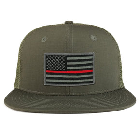 Thin Red American Flag Iron on Patch Flat Bill Ripstop Trucker Mesh Cap
