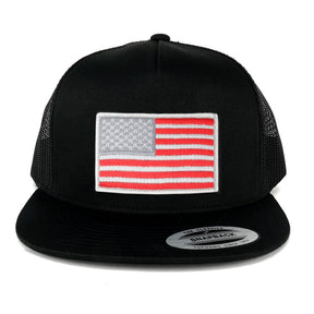 Flexfit 5 Panel American Flag Patched Snapback Mesh Cap - Black