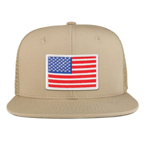 White American Flag Iron on Patch Flat Bill Ripstop Trucker Mesh Cap