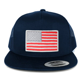 Flexfit 5 Panel American Flag Patched Snapback Mesh Back Navy Cap