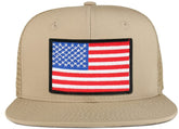 White Black Border American Flag Iron on Patch Flat Bill Ripstop Trucker Mesh Cap