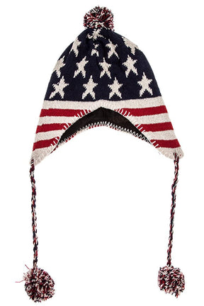 Armycrew USA Flag Pattern Ear Flap Pom Pom Beanie Hat
