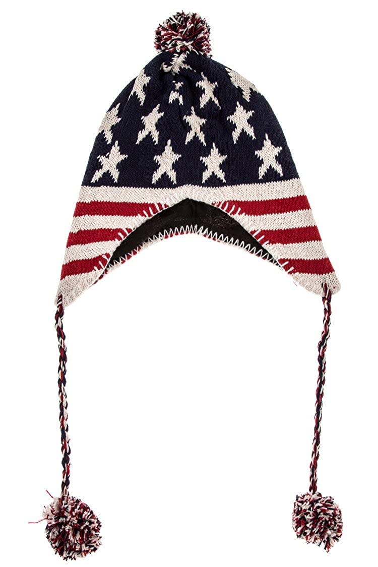 Armycrew USA Flag Pattern Ear Flap Pom Pom Beanie Hat
