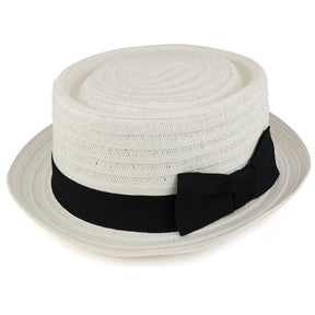 Boater Pork Pie Paper Straw Hat with Black Ribbon Band