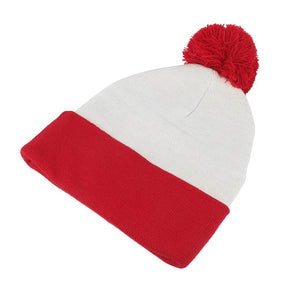 Red White Pom Pom Cuff Knit Beanie Hat