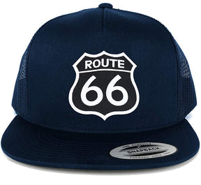 Armycrew Flexfit Route 66 Black White Patch 5 Panel Flatbill Mesh Snapback Cap - Black