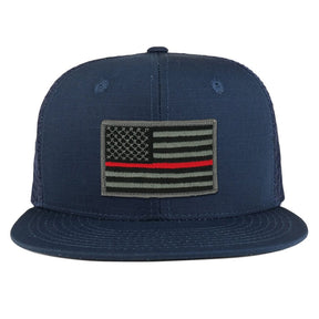 Thin Red American Flag Iron on Patch Flat Bill Ripstop Trucker Mesh Cap