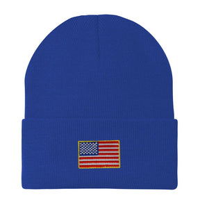 Armycrew Made in USA - Small American Flag Embroidered Patch Long Cuff Beanie