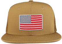 Red Grey American Flag Iron on Patch Flat Bill Ripstop Trucker Mesh Cap