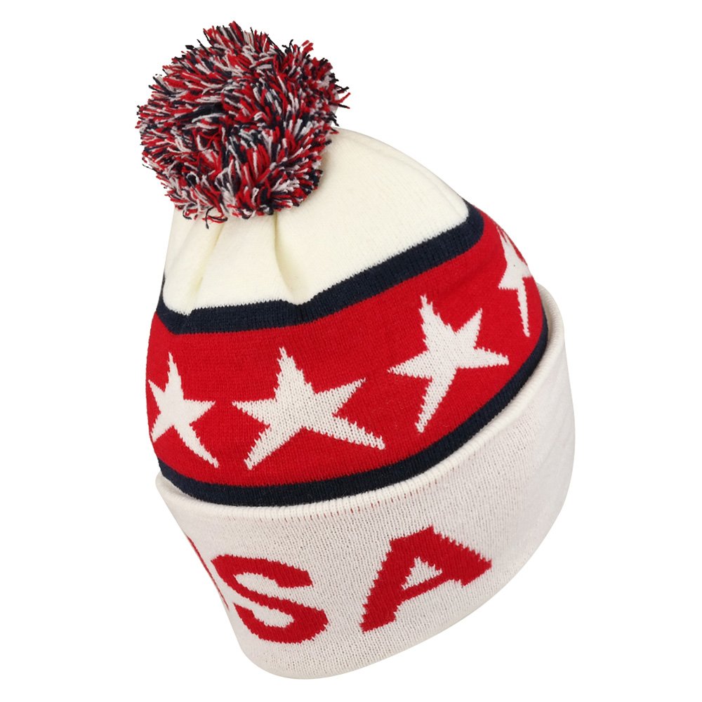 Armycrew USA Pom Pom Stylish Acrylic Cuff Winter Beanie Hat - USA Print - White Red