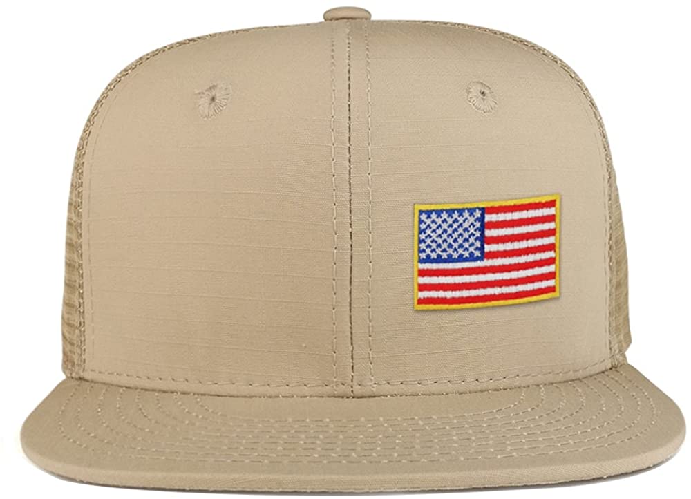 Small Side American Flag Iron on Patch Flat Bill Ripstop Trucker Mesh Cap