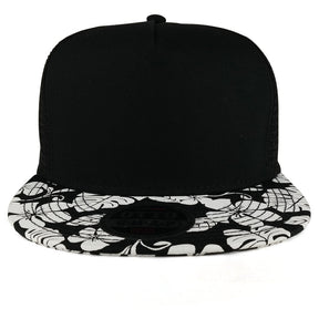 Armycrew Hawaiian Floral Printed Flat Bill Trucker Mesh Snapback Cap - Black