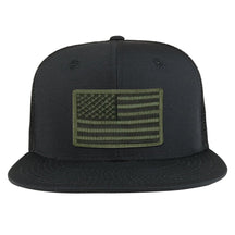 Black Olive American Flag Iron on Patch Flat Bill Ripstop Trucker Mesh Cap