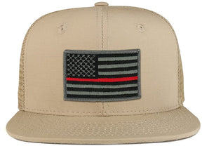 Thin Red American Flag Iron on Patch Flat Bill Ripstop Trucker Mesh Cap