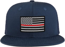 Thin Red 2 American Flag Iron on Patch Flat Bill Ripstop Trucker Mesh Cap