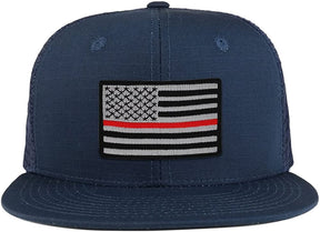 Thin Red 2 American Flag Iron on Patch Flat Bill Ripstop Trucker Mesh Cap