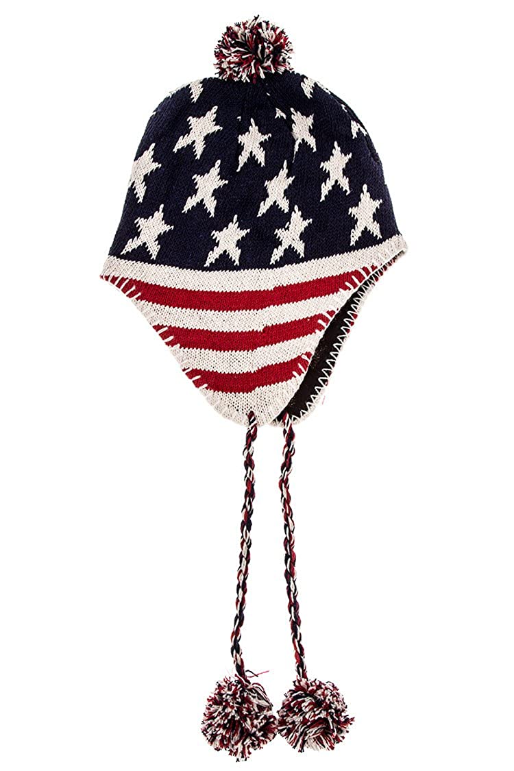 Armycrew USA Flag Pattern Ear Flap Pom Pom Beanie Hat