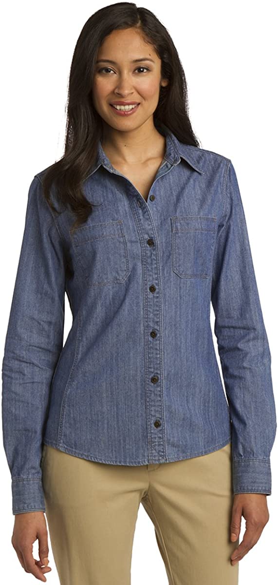 Ladies Patch Pockets Classic Cotton Denim Long Sleeve Button Up Shirt