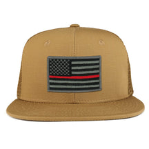 Thin Red American Flag Iron on Patch Flat Bill Ripstop Trucker Mesh Cap