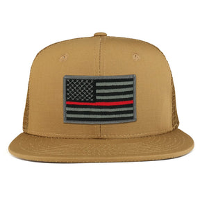 Thin Red American Flag Iron on Patch Flat Bill Ripstop Trucker Mesh Cap