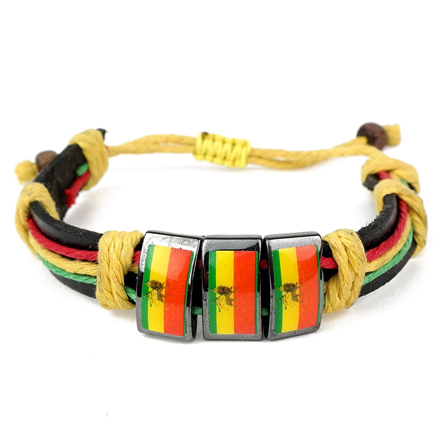 Reggae Rasta Red Green and Yellow Leather Style Unisex Round Bracelet - 2PC Set