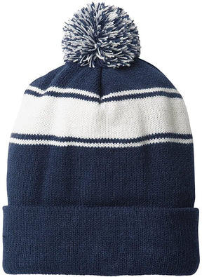 Armycrew Two Tone Stripe Acrylic Winter Pom Pom Beanie Hat