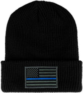 Armycrew Thin Blue Line American Flag Embroidered Patch Ribbed Cuffed Knit Beanie - Black