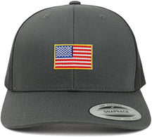 Small Yellow American Flag Embroidered Iron On Patch Mesh Back Trucker Cap - Black