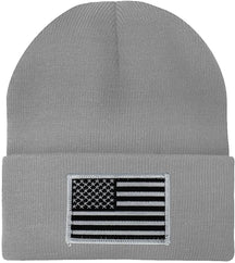 Made in USA - Black White American Flag Embroidered Patch Long Cuff Beanie