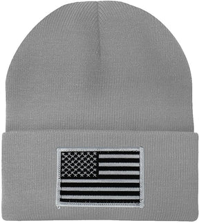 Made in USA - Black White American Flag Embroidered Patch Long Cuff Beanie