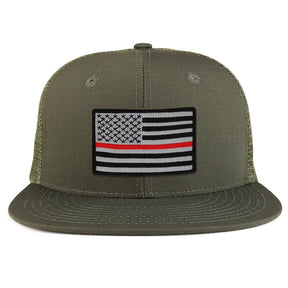 Thin Red 2 American Flag Iron on Patch Flat Bill Ripstop Trucker Mesh Cap