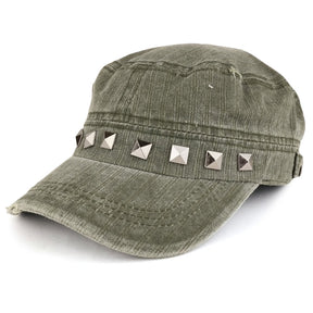 Distressed Flat Top Metallic Studded Frayed Cadet Style Army Cap