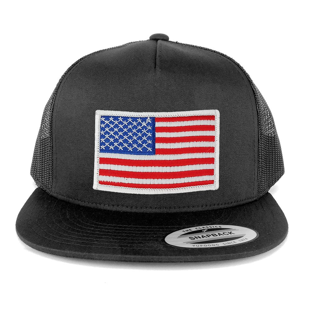 Flexfit 5 Panel American Flag Patched Snapback Mesh Charcoal Cap - Black Red Patch