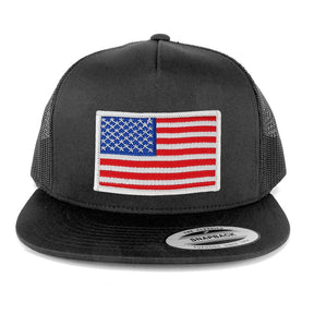 Flexfit 5 Panel American Flag Patched Snapback Mesh Charcoal Cap - Black Red Patch