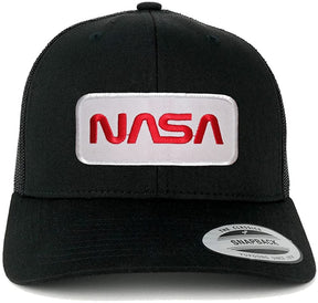 Flexfit NASA Worm Red Text Embroidered Iron on Patch Snapback Mesh Trucker Cap