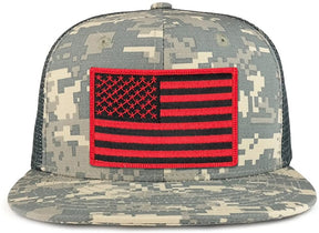 Black Red American Flag Iron on Patch Flat Bill Ripstop Trucker Mesh Cap