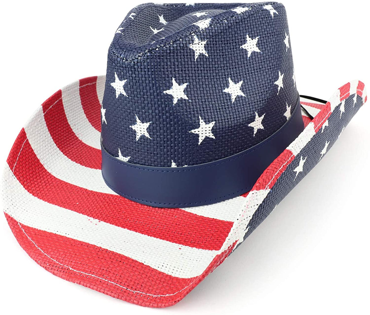 Armycrew USA Flag Patriotic Print Paper Straw Cowboy Hat with Leather Band
