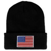Armycrew White American Flag Embroidered Patch Ribbed Cuffed Knit Beanie - Black