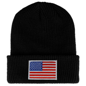 Armycrew White American Flag Embroidered Patch Ribbed Cuffed Knit Beanie - Black